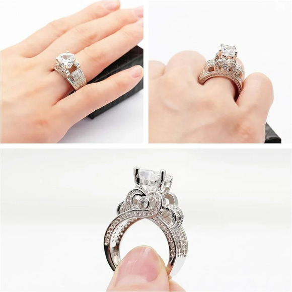 Platinum Plated Big Love Heart  Cubic Zirconia Wide Cluster Architecture Rings - Picture 7 of 7